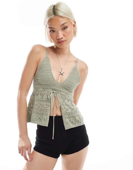 Bershka tie front crochet top in khaki green