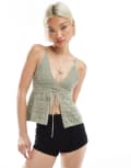 [Bershka] Bershka tie front crochet top in khaki-Green M KHAKI