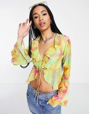 Bershka tie front frill detail 90s blouse in multi print