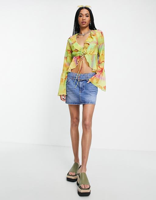 Bershka tie front frill detail 90s blouse in multi print | ASOS Bershka tie front frill detail 90s blouse in multi print | ASOS