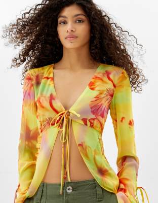 Bershka tie front frill detail 90s kimono in multi print