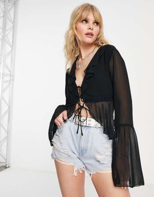 Bershka tie front frill detail blouse in black