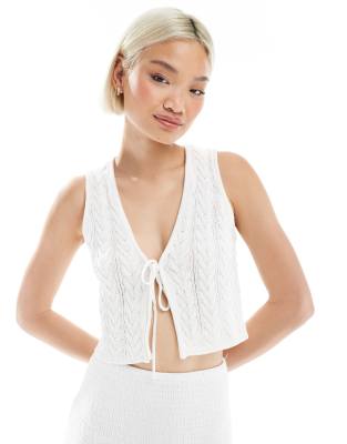 Bershka tie front knitted waistcoat in white
