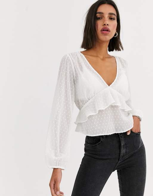 Bershka tie front polka dot blouse in ecru | ASOS