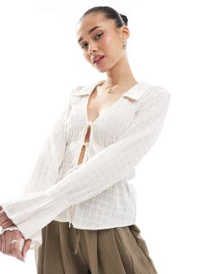 tie front shirred shirt in ecru-Neutral