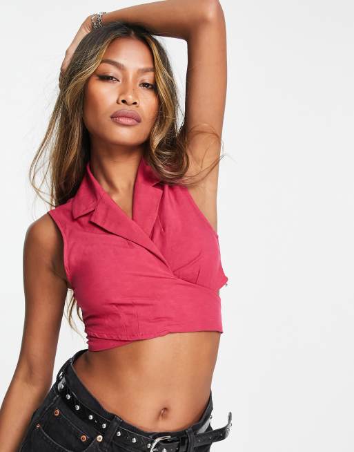 Bershka tie front top set in red