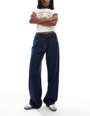 tie front wide leg jeans in indigo-Blue