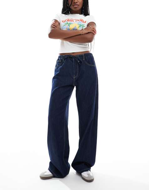 Bershka tie front wide leg jeans in indigo - view 1