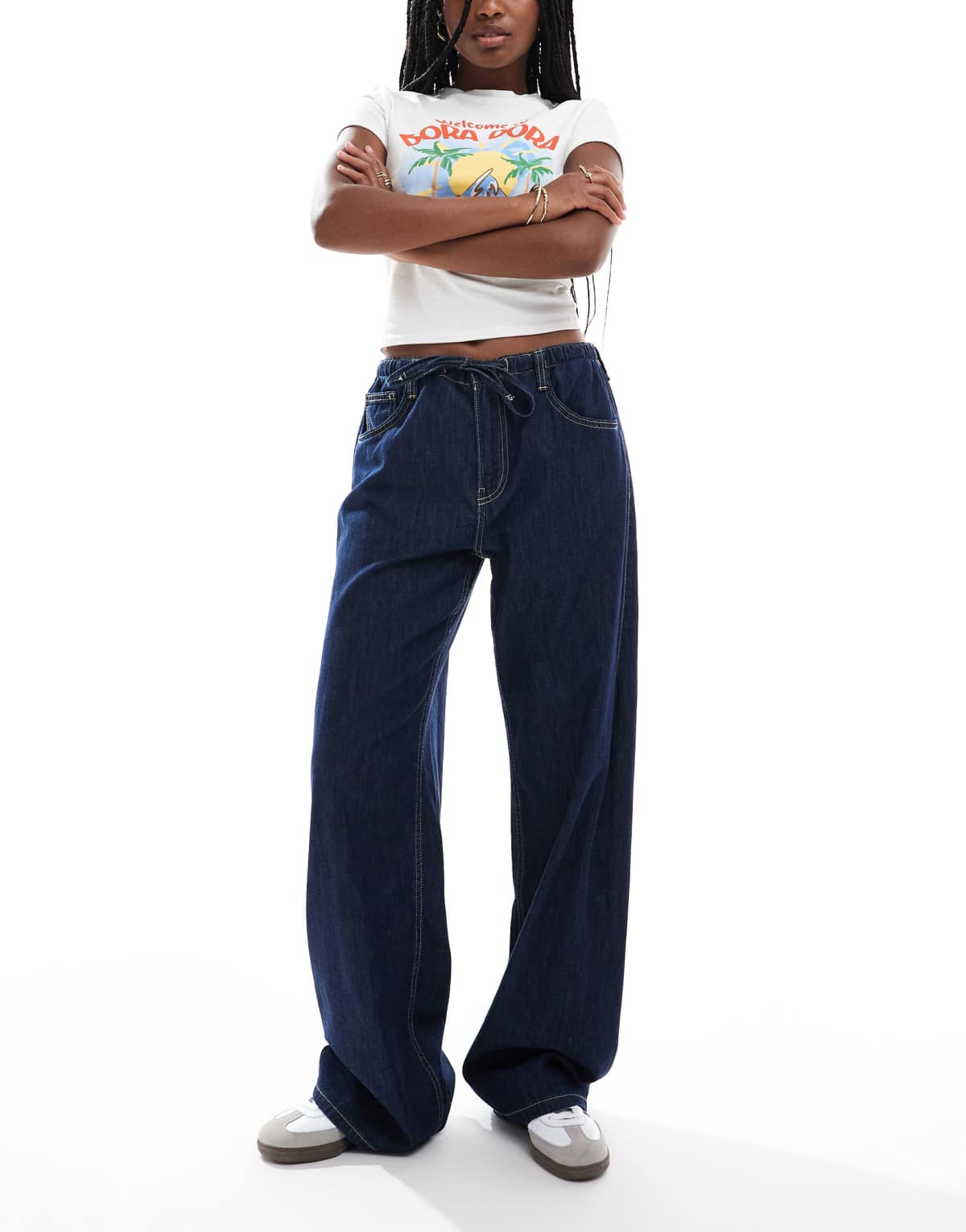 Bershka tie front wide leg jeans in indigo