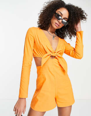 BERSHKA TIE UP CUT OUT DETAIL ROMPER IN ORANGE