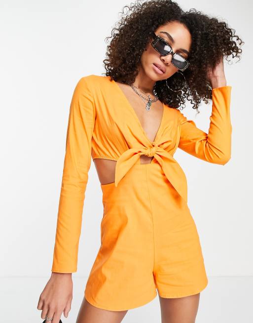 Bershka tie up cut out detail romper in orange