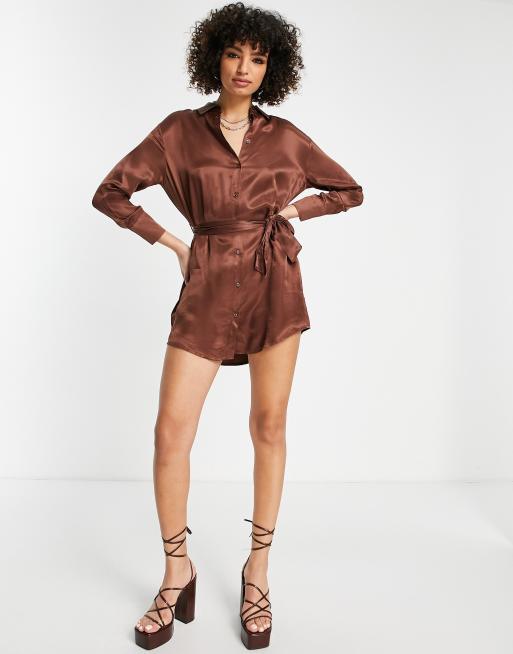 Bershka tie up satin shirt dress in chocolate