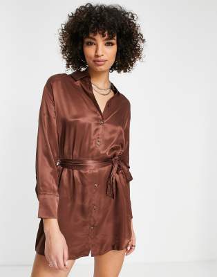 Bershka tie up satin shirt dress in chocolate