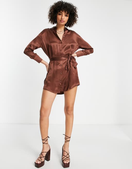 princess polly baby blue dress Bershka tie up satin shirt dress in chocolate