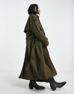 Bershka tie up wool trench coat in khaki