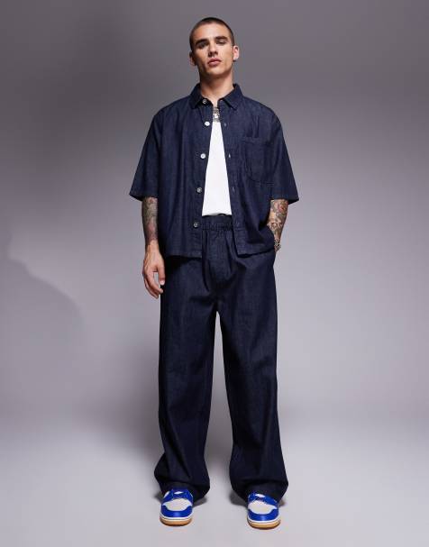 Bershka tie waist baggy jeans in indigo blue - view 1
