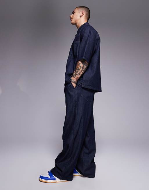 Bershka tie waist baggy jeans in indigo blue