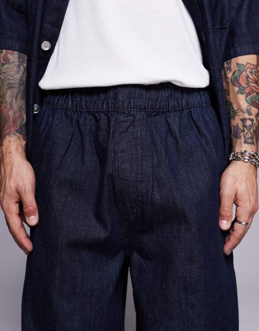 Bershka tie waist baggy jeans in indigo blue
