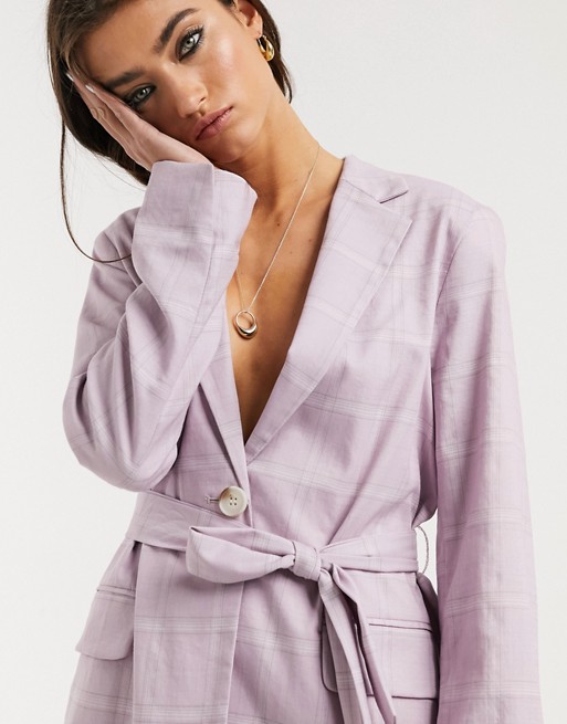 Bershka tie-waist check blazer in lilac
