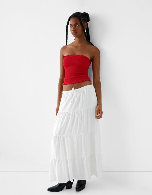 Bershka tie waist linen look tiered maxi skirt in white ASOS