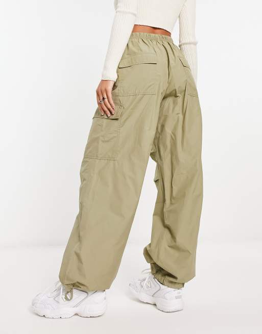Bershka tie waist nylon cargo parachute pants in khaki, 2 of 4