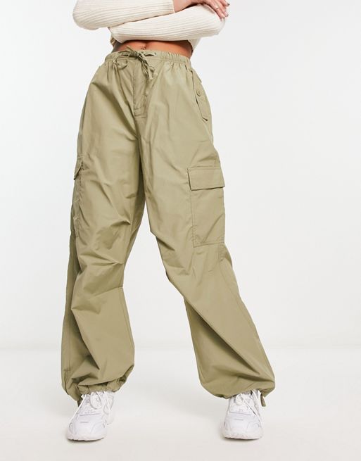 Ardene Regular Rise Cargo Parachute Pants in Khaki, Size, Nylon/Cotton