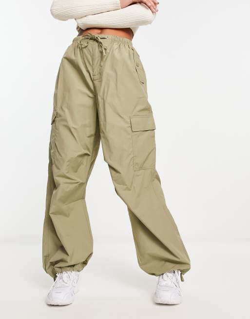 Bershka tie waist nylon cargo parachute pants in khaki, 4 of 4