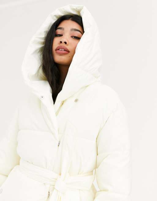 Bershka tie waist puffer coat with hood in white ASOS