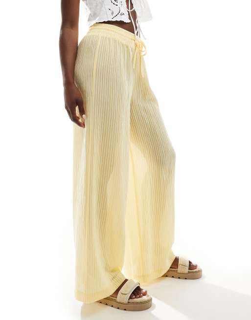 Bershka tie waist seersucker wide leg pants in butter stripe, 2 of 5