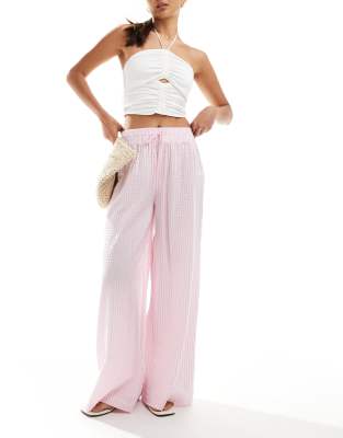 tie waist seersucker wide leg pants in pink & white stripe