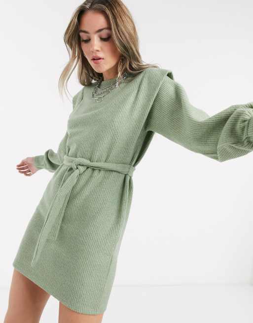 Bershka tie waist shoulder detail jumper dress in sage green ASOS