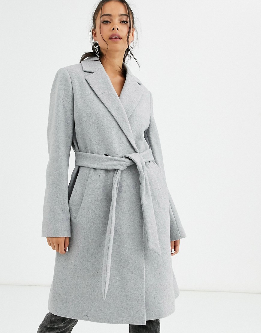 Bershka tie waist tailored coat in gray