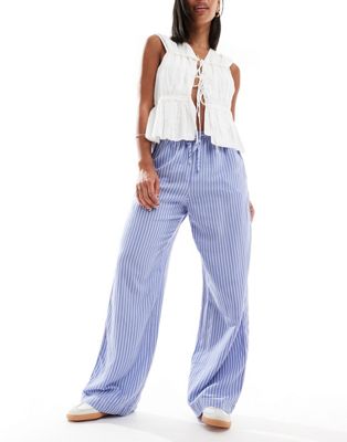 tie waist wide leg cotton pants in light blue and white pinstripe-Gray