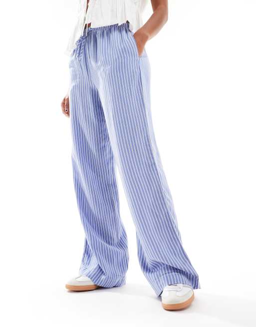 Bershka tie waist wide leg cotton pants in light blue and