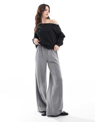 Bershka tie waist wide leg joggers in dark grey