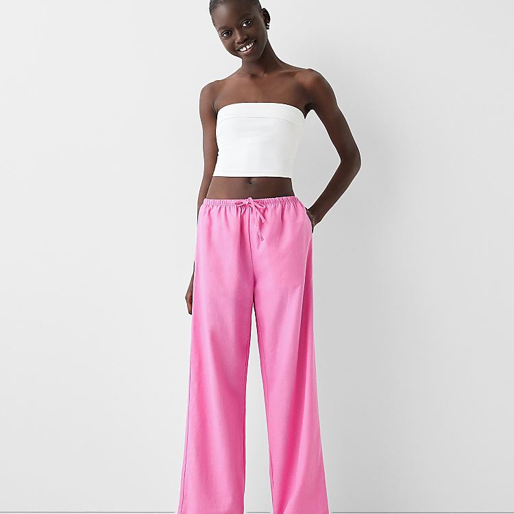 Bershka tie waist wide leg linen look pants in bright pink Bershka tie waist wide leg linen look pants in bright pink