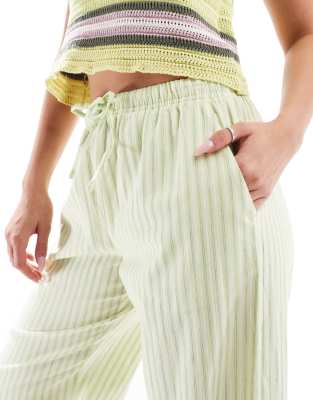 Bershka tie waist wide leg linen look pants in lime stripe