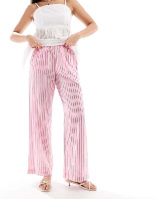 tie waist wide leg linen look pants in pink stripe