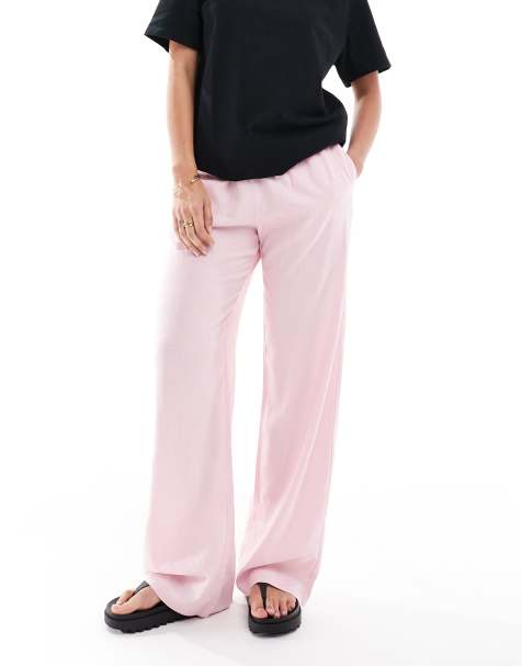 Bershka tie waist wide leg linen look pants in pink - view 1