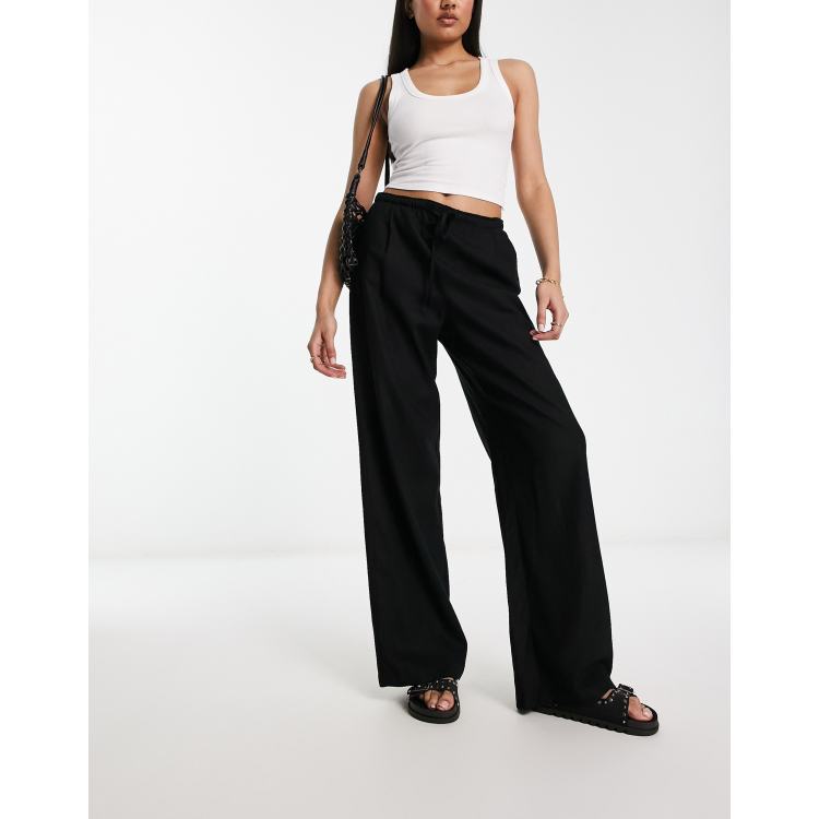 Linen Look Tie Waist Wide Leg Trousers