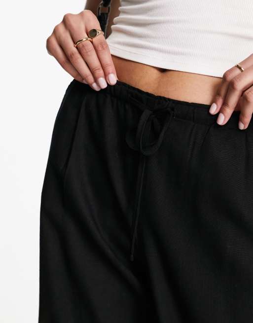 Bershka tie waist wide leg linen pants in black