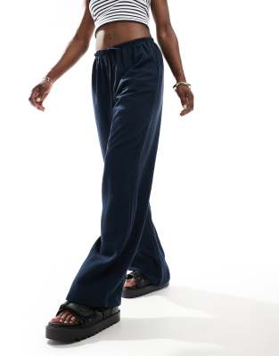 tie waist wide leg linen pants in navy-Multi