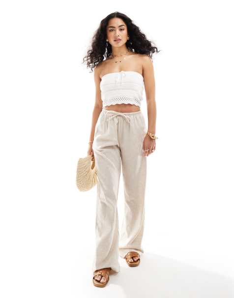 Bershka tie waist wide leg linen pants in sand - view 1