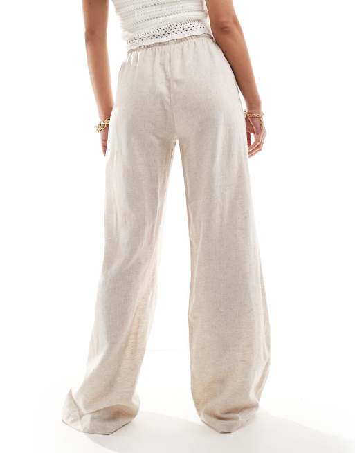 Bershka tie waist wide leg linen pants in sand