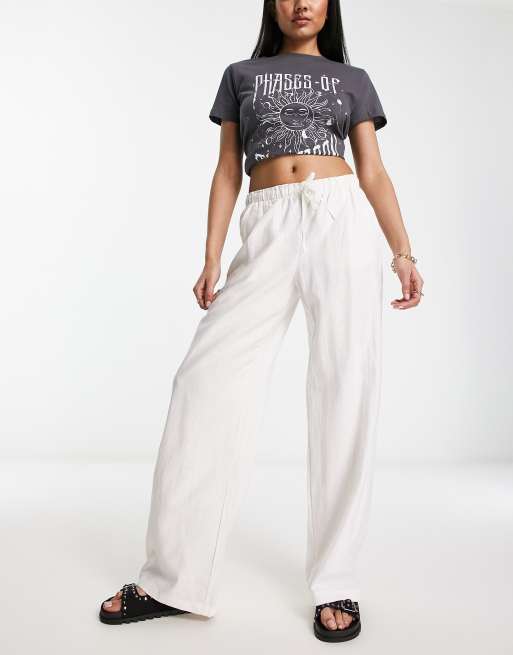 tie wide leg linen pants in white |