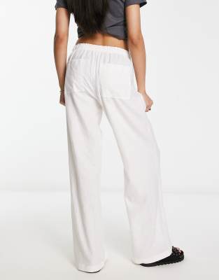 Bershka tie waist wide leg linen pants in black