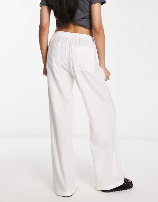 Bershka tie waist wide leg linen pants in white