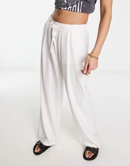 Bershka tie waist wide leg linen pants in white