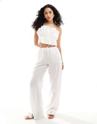 Bershka Tie Waist Wide Leg Linen Pants In White