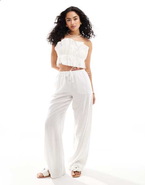 Bershka tie waist wide leg linen pants in white - view 1